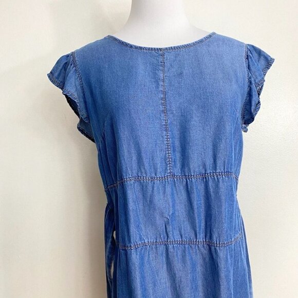 NEW COLLECTION MADE IN ITALY BLUE DENIM RUFFLE CAP SLEEVE WAIST TIE MINI DRESS - Picture 5 of 8